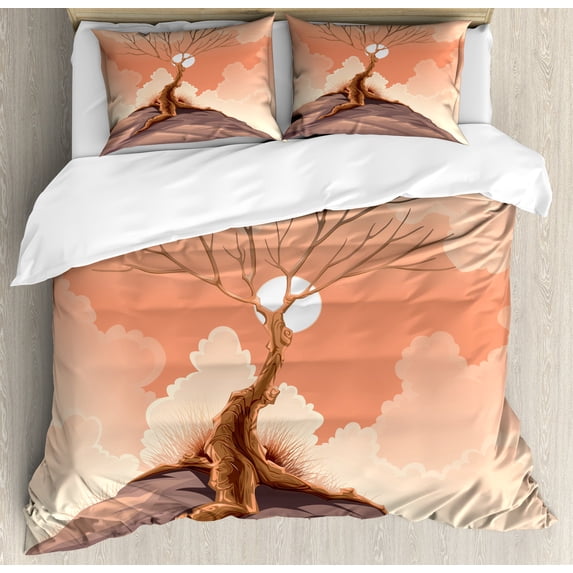 Landscape Duvet Cover Set, Lonely Tree on Top of Cliff Rock Above the Moon Magistic Landscape Art Print, Decorative 3 Piece Bedding Set with 2 Pillow Shams, Queen Size, Orange Brown, by Ambesonne