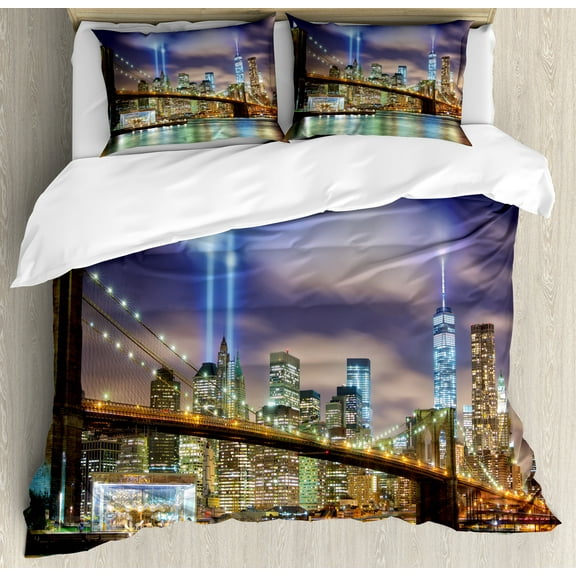 Landscape Duvet Cover Set, Manhattan Skyline with Brooklyn Bridge and Towers in NYC United States America, Decorative 3 Piece Bedding Set with 2 Pillow Shams, King Size, Purple Green, by Ambesonne