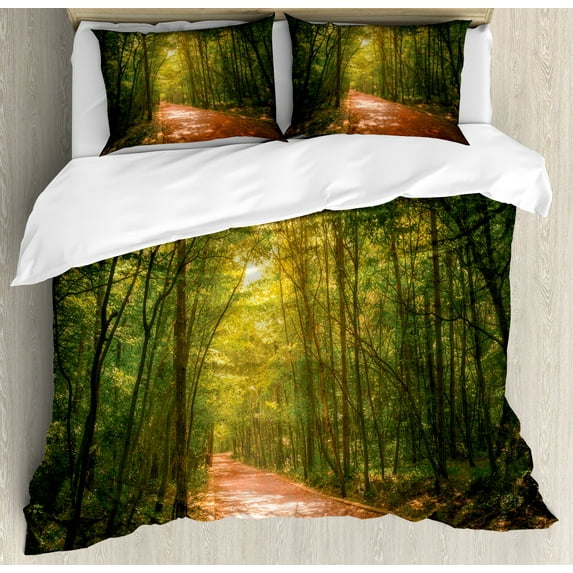Landscape Duvet Cover Set, Misty Forest View Tall Trees Trekking, Decorative 3 Piece Bedding Set with 2 Pillow Shams, Calking Size, Forest Green Dark Peach, by Ambesonne