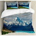 thumbnail image 1 of Landscape Duvet Cover Set, Mount Cook and Pukaki Lake in New Zeland Landmark Scenic Scenery Forest, Decorative 3 Piece Bedding Set with 2 Pillow Shams, King Size, Blue White Green, by Ambesonne, 1 of 3