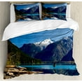 thumbnail image 1 of Landscape Duvet Cover Set, Mountain Countryside Winter Time Lake Mountain Forest View Photo, Decorative 3 Piece Bedding Set with 2 Pillow Shams, Queen Size, Dark Brown White, by Ambesonne, 1 of 3
