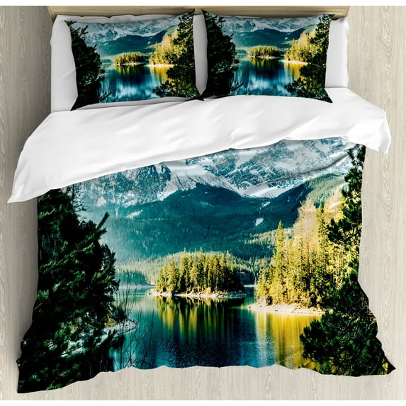 Landscape Duvet Cover Set, Mountain Lake in Northern Germany Frozen Peaks Water Winter Season Life, Decorative 3 Piece Bedding Set with 2 Pillow Shams, King Size, Green White, by Ambesonne