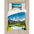 thumbnail image 1 of Landscape Duvet Cover Set, Mountain Woodland Forest and Lake in Sunny Cloudy Sky Summer Nature, Decorative 2 Piece Bedding Set with 1 Pillow Shams, Twin Size, Green Blue White, by Ambesonne, 1 of 3
