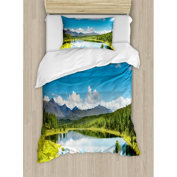 Landscape Duvet Cover Set, Mountain Woodland Forest and Lake in Sunny Cloudy Sky Summer Nature, Decorative 2 Piece Bedding Set with 1 Pillow Shams, Twin Size, Green Blue White, by Ambesonne