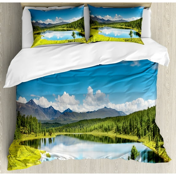 Landscape Duvet Cover Set, Mountain Woodland Forest and Lake in Sunny Cloudy Sky Summer Nature, Decorative 3 Piece Bedding Set with 2 Pillow Shams, King Size, Green Blue White, by Ambesonne