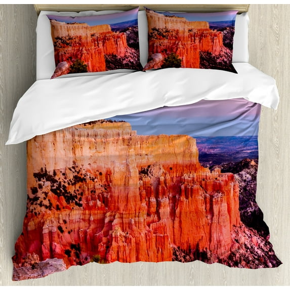 Landscape Duvet Cover Set, Natural Monuments in Bryce Canyon National Park Touristy Plateau, Decorative 3 Piece Bedding Set with 2 Pillow Shams, King Size, Vermilion Violet Blue, by Ambesonne