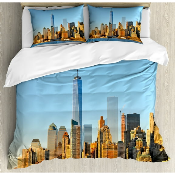 Landscape Duvet Cover Set, New York City Skyline USA Landmark Buildings Skyscrapers Modern Urban Life, Decorative 3 Piece Bedding Set with 2 Pillow Shams, King Size, Pale Blue Orange, by Ambesonne