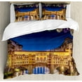 thumbnail image 1 of Landscape Duvet Cover Set, Night Panoramic View Vecchio Bridge Florence Italy Colorful Fireworks, Decorative 3 Piece Bedding Set with 2 Pillow Shams, Calking Size, Yellow Navy Purple, by Ambesonne, 1 of 3
