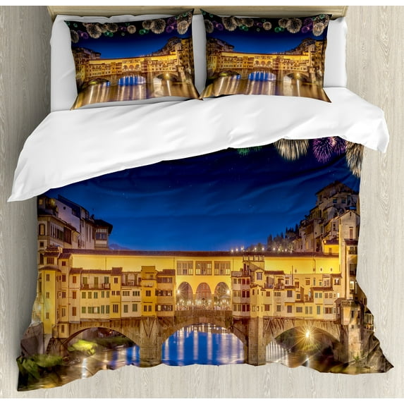 Landscape Duvet Cover Set, Night Panoramic View Vecchio Bridge Florence Italy Colorful Fireworks, Decorative 3 Piece Bedding Set with 2 Pillow Shams, Queen Size, Yellow Navy Purple, by Ambesonne
