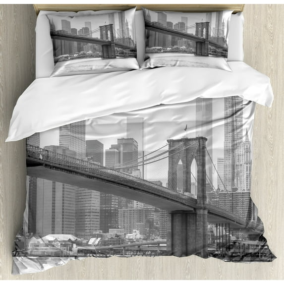 Landscape Duvet Cover Set, Photo of Brooklyn Bridge over East River and Tall Buildings Skylines at the Back, Decorative 3 Piece Bedding Set with 2 Pillow Shams, King Size, Grey White, by Ambesonne