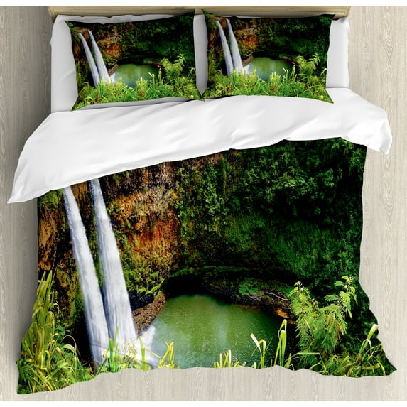 Landscape Duvet Cover Set, Photo of Wailua Waterfalls at Hawaii Nature Outdoor Scene in Jungle, Decorative 3 Piece Bedding Set with 2 Pillow Shams, King Size, Emerald and Multicolor, by Ambesonne
