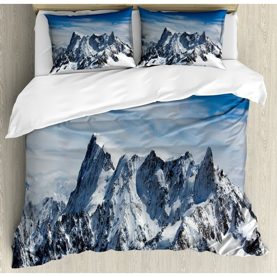 Landscape Duvet Cover Set, Picturesque Mont Blanc Cliff to Clouds Idyllic Environment Trekking Landmark, Decorative 3 Piece Bedding Set with 2 Pillow Shams, King Size, White Blue, by Ambesonne