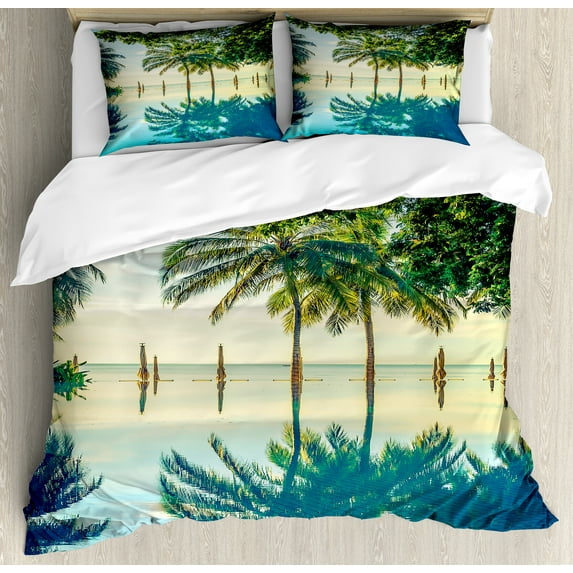 Landscape Duvet Cover Set, Pool Trees on the Surface No Filter Region Hot Spot Climate Earth Theme, Decorative 3 Piece Bedding Set with 2 Pillow Shams, King Size, Green Blue, by Ambesonne