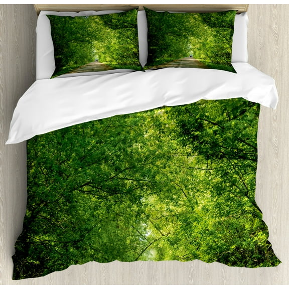 Landscape Duvet Cover Set Queen Size, Fresh Forest Canopy Trees over Footpath in an Old Park People Walking Natural Scenery, Decorative 3 Piece Bedding Set with 2 Pillow Shams, Green, by Ambesonne