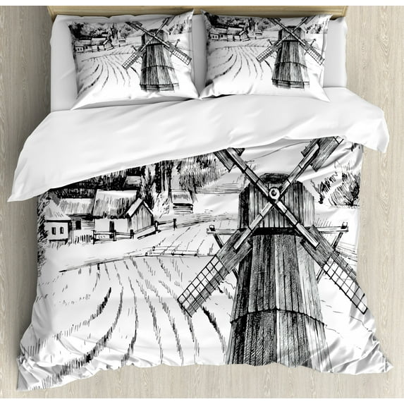Landscape Duvet Cover Set Queen Size, Hand Drawn Rural Scenery Small Town Farm Houses Forest and Mill Romantic Sketch, Decorative 3 Piece Bedding Set with 2 Pillow Shams, Black White, by Ambesonne
