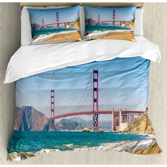Landscape Duvet Cover Set Queen Size, Panoramic View of Golden Gate Bridge San Francisco Coastline Nature Seascape, Decorative 3 Piece Bedding Set with 2 Pillow Shams, Blue Turquoise, by Ambesonne