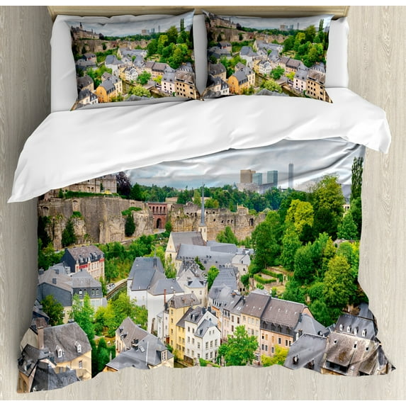 Landscape Duvet Cover Set Queen Size, View of Old Town Area Luxembourg City Touristic Destination European Scenic Photo, Decorative 3 Piece Bedding Set with 2 Pillow Shams, Multicolor, by Ambesonne