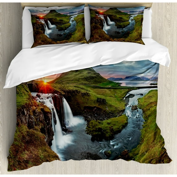 Landscape Duvet Cover Set Queen Size, Waterfall Landscape at Iceland Sunset Mountain Volcanic Area Natural Beauty Theme, Decorative 3 Piece Bedding Set with 2 Pillow Shams, Multicolor, by Ambesonne