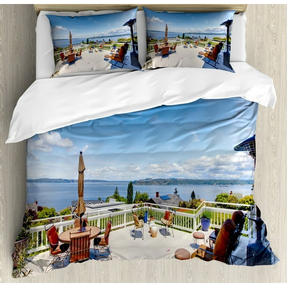 Landscape Duvet Cover Set Queen Size, White Ancient House Terrace Balcony for Sunbathing Relaxing Sea Ocean Scenery, Decorative 3 Piece Bedding Set with 2 Pillow Shams, Multicolor, by Ambesonne