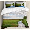 thumbnail image 1 of Landscape Duvet Cover Set, Reflective Calm River Scenery Meadow Grass Clouds Wildflowers Trees Shrubs, Decorative 3 Piece Bedding Set with 2 Pillow Shams, Calking Size, Green Blue White, by Ambesonne, 1 of 3