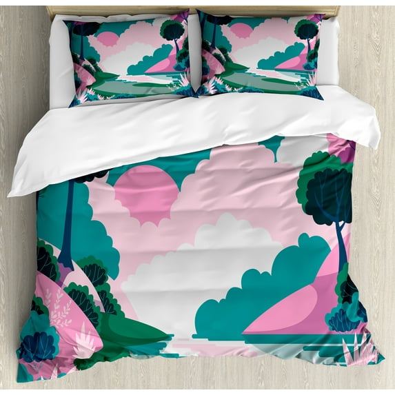 Landscape Duvet Cover Set, Scene of Lake Overview Along Sun Bushes Trees River Valley Natural Setting, Decorative 3 Piece Bedding Set with 2 Pillow Shams, Queen Size, Pink and Teal, by Ambesonne