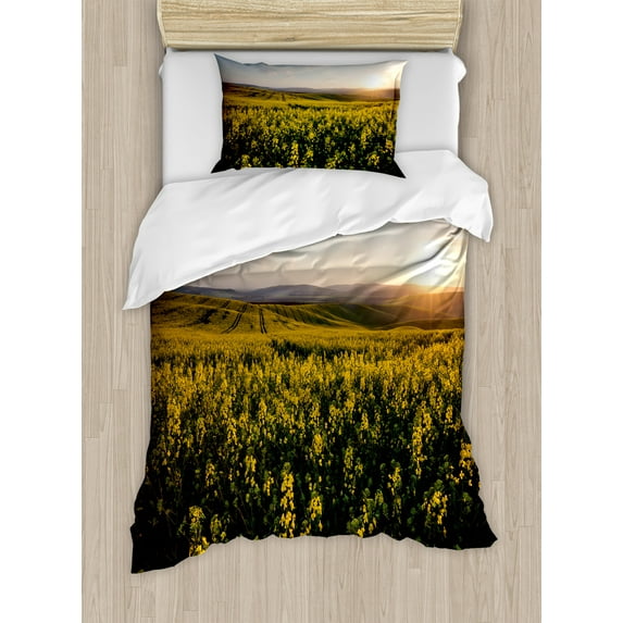 Landscape Duvet Cover Set, Scenic View Sunset Flower Field Spring Countryside Rural Idyllic Scenery, Decorative 2 Piece Bedding Set with 1 Pillow Shams, Twin Size, Yellow Green Blue, by Ambesonne