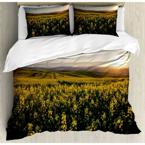 Landscape Duvet Cover Set, Scenic View Sunset Flower Field Spring Countryside Rural Idyllic Scenery, Decorative 3 Piece Bedding Set with 2 Pillow Shams, Calking Size, Yellow Green Blue, by Ambesonne