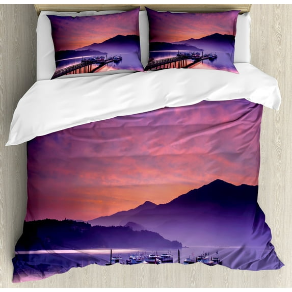 Landscape Duvet Cover Set, Seashore in Nantou Taiwan Majestic Cloudy Sky Scenery Lake Boats Mountain, Decorative 3 Piece Bedding Set with 2 Pillow Shams, King Size, Pink Purple, by Ambesonne