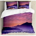 thumbnail image 1 of Landscape Duvet Cover Set, Seashore in Nantou Taiwan Majestic Cloudy Sky Scenery Lake Boats Mountain, Decorative 3 Piece Bedding Set with 2 Pillow Shams, Queen Size, Pink Purple, by Ambesonne, 1 of 3
