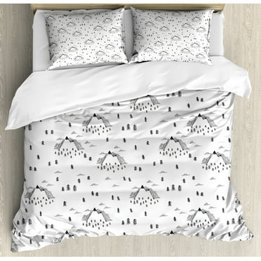 Landscape Duvet Cover Set, Simple Design of Mountain Peaks on Foggy Backdrop with Spruce Trees, Decorative 3 Piece Bedding Set with 2 Pillow Shams, Calking Size, White and Charcoal Grey, by Ambesonne