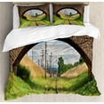 thumbnail image 1 of Landscape Duvet Cover Set, Stone Bridge Old Railway Cloudy Sky Trees Grass Long Journey Tranquil View Print, Decorative 3 Piece Bedding Set with 2 Pillow Shams, King Size, Green Brown, by Ambesonne, 1 of 2