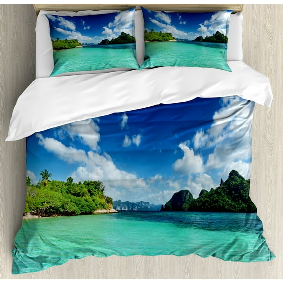 Landscape Duvet Cover Set, Summer Island Botanic Tropical View with Sea Mountain Tree Forest Photo, Decorative 3 Piece Bedding Set with 2 Pillow Shams, King Size, Turquoise Blue Green, by Ambesonne