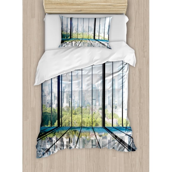 Landscape Duvet Cover Set, Sunny Clear Sky Office Skyscrapers in Urban Metropolitan City Scenery, Decorative 2 Piece Bedding Set with 1 Pillow Shams, Twin Size, White Black and Green, by Ambesonne