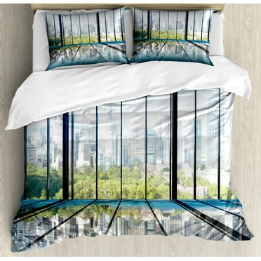 Landscape Duvet Cover Set, Sunny Clear Sky Office Skyscrapers in Urban Metropolitan City Scenery, Decorative 3 Piece Bedding Set with 2 Pillow Shams, Calking Size, White Black and Green, by Ambesonne