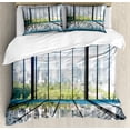 thumbnail image 1 of Landscape Duvet Cover Set, Sunny Clear Sky Office Skyscrapers in Urban Metropolitan City Scenery, Decorative 3 Piece Bedding Set with 2 Pillow Shams, Queen Size, White Black and Green, by Ambesonne, 1 of 3
