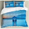 thumbnail image 1 of Landscape Duvet Cover Set, Sunrise over Water Lakehouse Cabin Boardwalk Sun Rays Clouds Horizon Nature, Decorative 3 Piece Bedding Set with 2 Pillow Shams, Queen Size, Blue Orange Grey, by Ambesonne, 1 of 3
