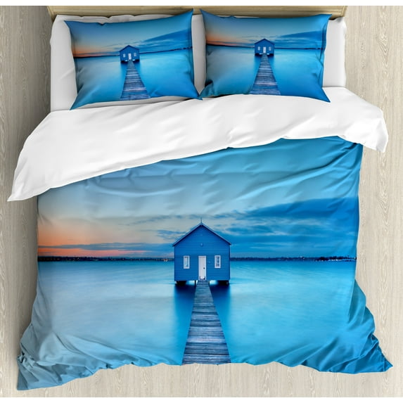 Landscape Duvet Cover Set, Sunrise over Water Lakehouse Cabin Boardwalk Sun Rays Clouds Horizon Nature, Decorative 3 Piece Bedding Set with 2 Pillow Shams, Queen Size, Blue Orange Grey, by Ambesonne