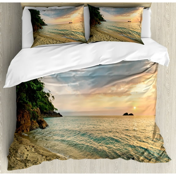 Landscape Duvet Cover Set, Sunset Dawn Sea Ocean Island Romance Tropic Botanic Tree Photo, Decorative 3 Piece Bedding Set with 2 Pillow Shams, Queen Size, Turquoise Peach, by Ambesonne