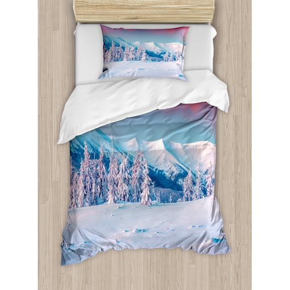 Landscape Duvet Cover Set, Sunset Dawn in Winter Snowy with Pine Trees Forest Mountain Wiev, Decorative 2 Piece Bedding Set with 1 Pillow Shams, Twin Size, Dark Coral Sky Blue, by Ambesonne