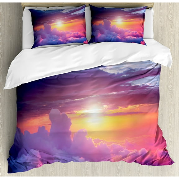 Landscape Duvet Cover Set, Sunset Scene with Sky and Clouds with Vibrant Colors and Shadows Print, Decorative 3 Piece Bedding Set with 2 Pillow Shams, Calking Size, Blue Yellow Purple, by Ambesonne