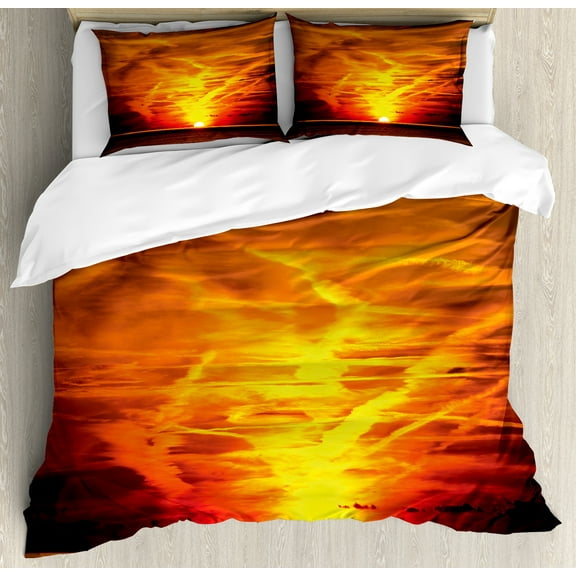 Landscape Duvet Cover Set, Sunset over the Sea Golden Yellow Horizon Sailing Outdoors Dusk Nature Mediterranean, Decorative 3 Piece Bedding Set with 2 Pillow Shams, Calking Size, Orange, by Ambesonne