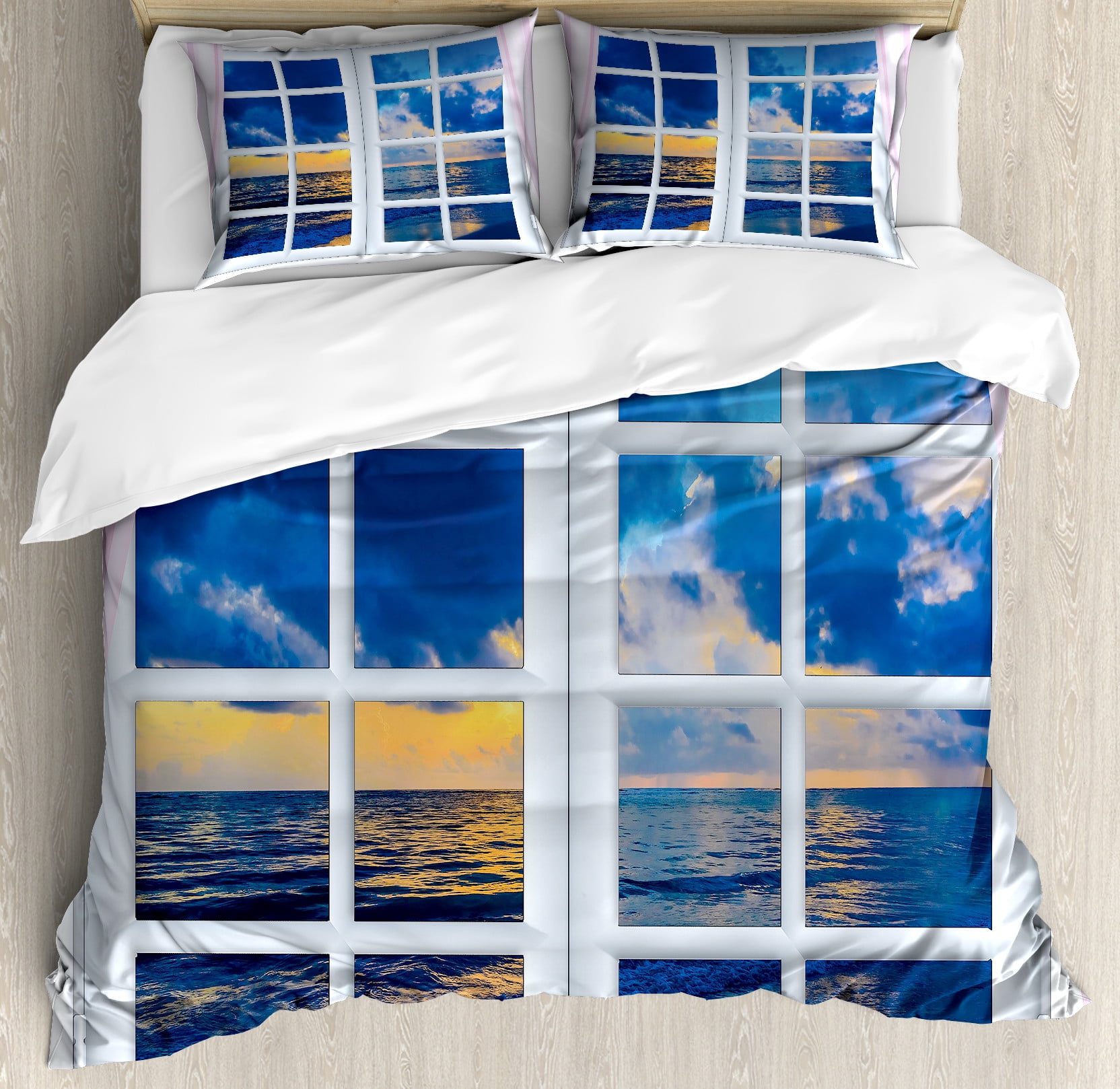 Window Bedding Landscape Duvet Cover Set, Sunset on the Sea Scenery from Window with ...