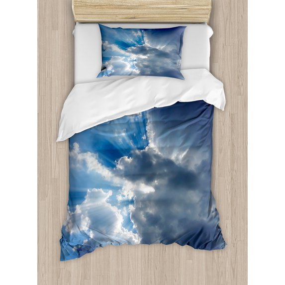 Landscape Duvet Cover Set, Sunshine Sun Rays Breaking Through Huge Dark Clouds View Landscape Picture, Decorative 2 Piece Bedding Set with 1 Pillow Shams, Twin Size, Grey Blue, by Ambesonne