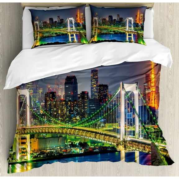 Landscape Duvet Cover Set, Tokyo Skyline with Tokyo Tower and Rainbow Bridge Tokyo Japan Night Scenery View, Decorative 3 Piece Bedding Set with 2 Pillow Shams, King Size, Green Navy, by Ambesonne