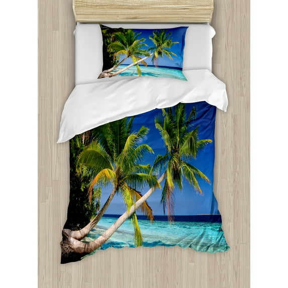 Landscape Duvet Cover Set, Tropic Botanic Sandy Beach Island with Coconut Palm Trees Seaside Print, Decorative 2 Piece Bedding Set with 1 Pillow Shams, Twin Size, Aqua Blue Green, by Ambesonne