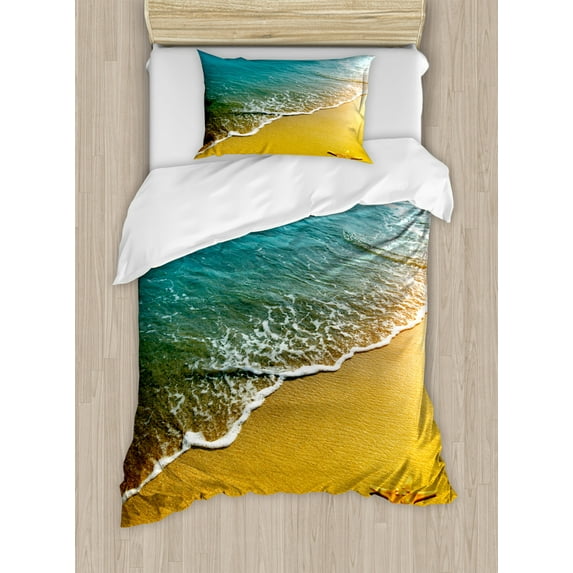 Landscape Duvet Cover Set, Tropical Island Beach Caribbean Atlantic Ocean Scenery Art Print, Decorative 2 Piece Bedding Set with 1 Pillow Shams, Twin Size, Pale Blue and Marigold, by Ambesonne