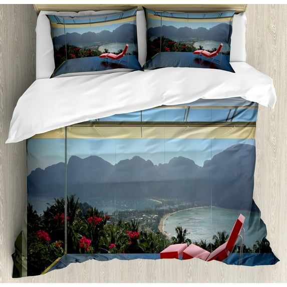 Landscape Duvet Cover Set, Tropical Island Flowers Forest Mountains Beach Window View, Decorative 3 Piece Bedding Set with 2 Pillow Shams, Queen Size, Charcoal Grey Green, by Ambesonne