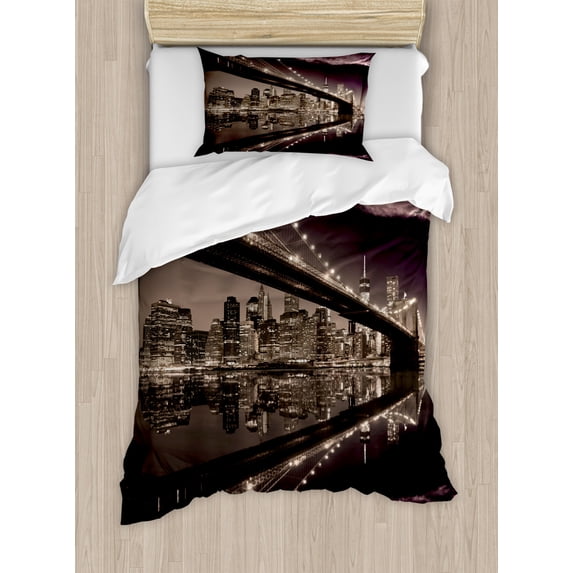 Landscape Duvet Cover Set Twin Size, Brooklyn Bridge Sunset NYC View Skyline Tourist Attraction Modern City, Decorative 2 Piece Bedding Set with 1 Pillow Sham, Pale Brown Dried Rose, by Ambesonne