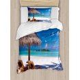 thumbnail image 1 of Landscape Duvet Cover Set Twin Size, Island Caribbean Honeymoon Themed Beach Seashore Ocean Print, Decorative 2 Piece Bedding Set with 1 Pillow Sham, White Pale Brown and Turquoise, by Ambesonne, 1 of 3