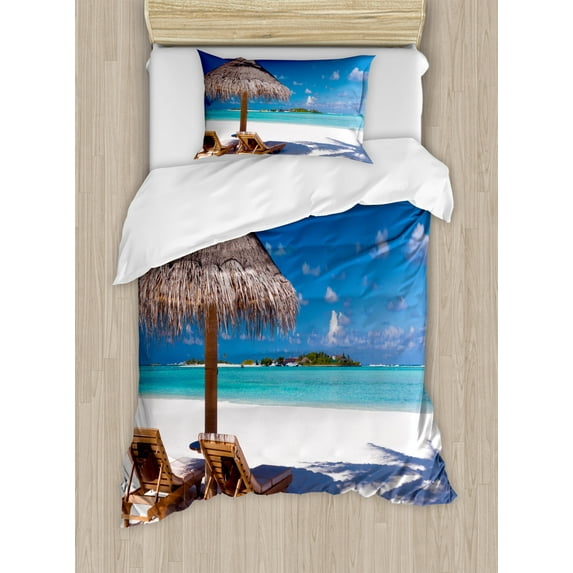 Landscape Duvet Cover Set Twin Size, Island Caribbean Honeymoon Themed Beach Seashore Ocean Print, Decorative 2 Piece Bedding Set with 1 Pillow Sham, White Pale Brown and Turquoise, by Ambesonne